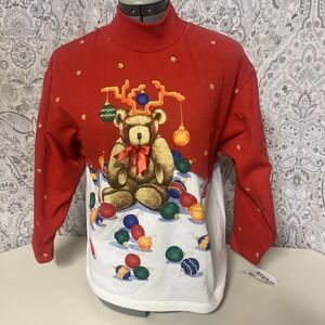 NWT 80s Spumoni Vintage Christmas Holiday Red Teddy Sweatshirt Top Girls L 12/14